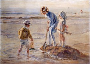Leger på Katwijk-stranden (olie på lærred) af Johann Zoetelief Tromp