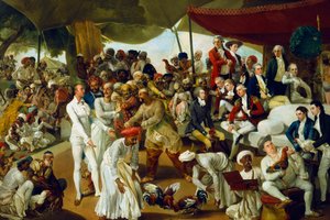 Oberst Mordaunt ser en hanekamp i Lucknow, Indien, 1790 af Johan Joseph Zoffany