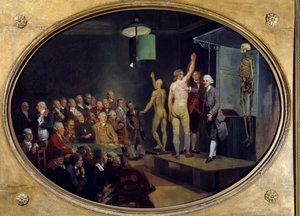 Foredrag af William Hunter (1718-1783), skotsk anatom ved Royal Academy. Maleri af Johann Zoffany (1733-1810) Ec. Ang.
