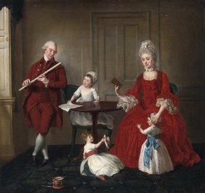 Rokoko: Portræt af hr. og fru James Blew og deres tre børn i et elegant interiør af Johann Zoffany (Zauffelij) (1733-1810). 1660-1670, Olie på lærred, 75x80,3. Privat samling