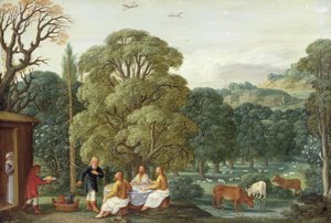 Abraham underholder de tre engle (olie på kobber)