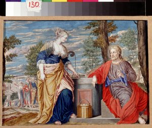 Kristus og den samaritanske kvinde ved Jakobs brønd. Kristus og samaritansk kvinde ved Jakobs Brønd. Maleri af Johannes Koenig (1586-1632/1635). Tysk kunst, barokstil. Gouache på pergament. Pushkin Museum of Fine Arts, Moskva.