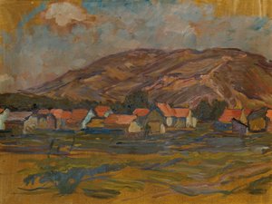 Landskab med huse og bjerg