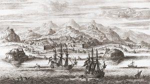 Hollandske skibe foran Muscat, Oman i det 17. århundrede (tryk) af Johannes (after) Kip