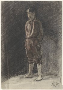 Stående mand med hjelm og sammenrullede bogpiber af Johannes Abraham Mondt