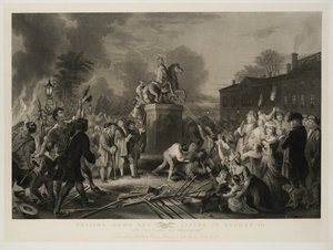 Pulling Down the Statue of George III, by the Sons of Freedom, At the Bowling Green, City of New York, juli 1770, indgraveret af John C. McRae, efter 1853