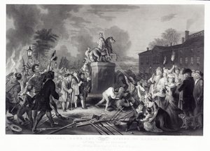 Nedtrækning af statuen af George III af Sons of Freedom, på Bowling Green, City of New York, juli 1776, pub. 1875 af Johannes Adam Simon after Oertel