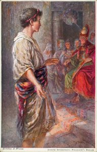 Josef tolker Faraos drøm, 1. Mosebog 41:25 (farvelitografi) af Johannes Adolf Tillack