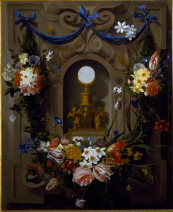 Eukaristi i en blomsterkrans (olie på lærred af Johannes Antonius van der Baren