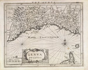 Hertugdømmet Genova, Kort af Jan Baptist Vrients fra tysk atlas, Kobberstik, halvdelen af det 17. århundrede af Johannes Baptista Vrints