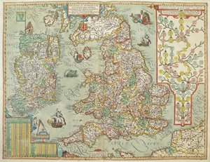 Kort over England og Irland tegnet i 1606 (farvet indgravering) af Johannes Baptista Vrints