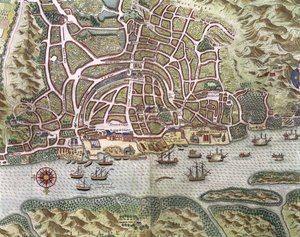 Kort over byen og den portugisiske havn i Goa, Indien, detaljer om havn og handelsskibe, 1595 graveringsdetalje af 110750
