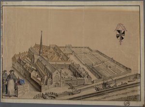 Predikheren Kloster i Brugge (akvarel og blyant på papir) af Johannes Beerblock