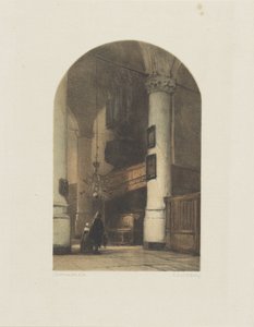 Kirkeinteriør med to figurer og orgel af Johannes Bosboom