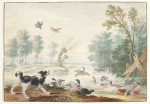 En hund og ænder ved sø af Johannes Bronckhorst