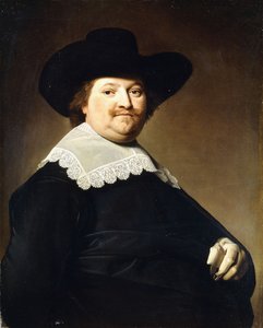 Portræt af en gentleman, halvlang, iført et sort kostume med en hvid blondekrave og en sort hat,