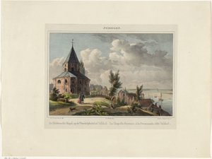 Sankt Nikolaus Kapel i Nijmegen Hedensche Kapel, på vandrepladsen Valkhof. La Chapelle Payenne, à la Promenade, dit Valkhof (titel på objektet) Nymegen. (serietitel på objekt)