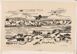 Landskab, Central Java: Merbaboe, Merapi, Ello-floden (original titel på objektet) af Johannes Frederik Engelbert ten Klooster (signed by artist)