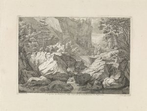 Udsigt over et vandfald Prospekt i Monasterio vulgo dicto La Grande Chartreuse i Delphinatu (titel på objektet) Landskaber i Chartreuzerbjergene (serietitel) af Johannes Glauber