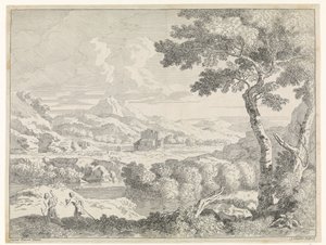 Bakket landskab med hyrder Landskaber efter Gaspar Poussin (serietitel) af Johannes Glauber