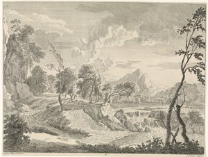 Bakket landskab med vandfald Landskaber efter Gaspar Poussin (serietitel) af Johannes Glauber