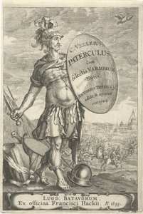 Romeinse krijgsman voor een slagveld Titelside for Caius Velleius Paterculus cum Selectis Variorum Notis, 1659 af Johannes Hackius