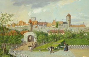 Udsigt over den lille kystport med Hattorpe og Stolting Towers, Tallinn, gouache på pap) af Johannes Hau