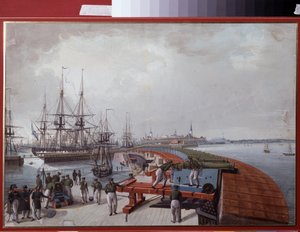 Udsigt over Reval (nuværende Tallinn (Tallin), i Estland), havnen og artilleriet ved den russiske kyst (Udsigt over Reval, Havnen og det russiske kystartilleri). Værk af Johannes Hau (1771-1838), akvarel på papir af Johannes Hau