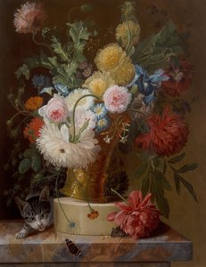Stilleben Af Blomster På En Afsats Med En Kat af Johannes Hendrick Fredriks