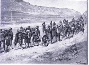 Et batteri af feltkanoner på vej til Ichon, illustration fra Cassells History of the Russo-Japanese War Vol 1, ca. 1900