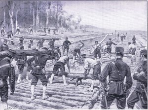 Japanske ingeniører anlægger en tømmervej til tropper, illustration fra Cassells History of the Russo-Japanese War Vol 1, ca. 1900 af Johannes Hermann Barend Koekkoek