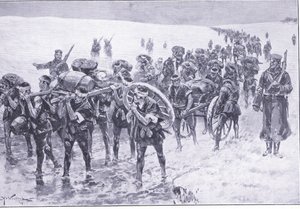 Japansk på march. Mænd i stedet for flokponyer, illustration fra Cassells History of the Russo-Japanese War Vol 1, ca. 1900