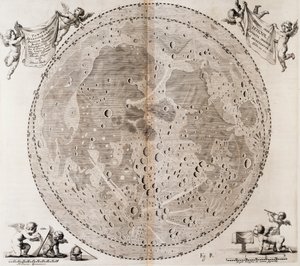 Første detaljerede kort over månen tegnet i 1647 af Johann Hevelius, tryk taget fra Johann Hevelius