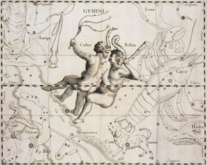 Konstellationen Tvillingerne, illustration fra Firmamentum Sobiescianum sive Uranographia, af Johann Hevelius (1611-1687), Gdansk 1690