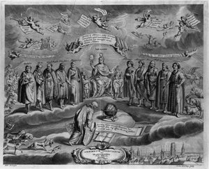 De berømte astronomer. Blandt dem fra venstre mod højre: Walterus (?), Tycho Brahe (Tyge Ottesen Brahe), kendt som Den ædle danske eller Manden med den gyldne næse (1546-1601), Ulugh Beg (Oulough Beg, Oulugbek) ( 1394- 1449), Timocharis af Alexandria (ca.  af Johannes Hevelius