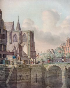 Kontinental flodscene med bro og kirke, c1700-tallet