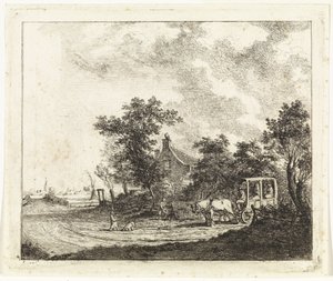 Hest og vogn foran et hus