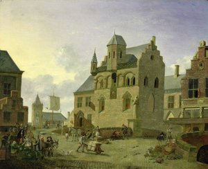 Bytorv med figurer og bønder, der handler på en markedsplads (panel)