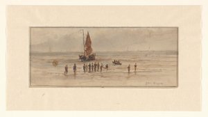 Strandscene med fiskere og sejlskib