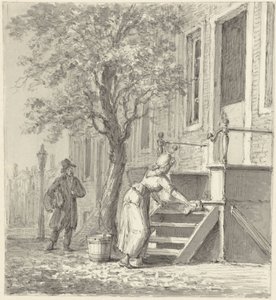 En stuepige, der renser en trappe foran et hus