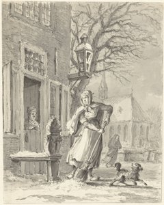 En stuepige er ved at rydde sne til et hus af Johannes Jelgerhuis