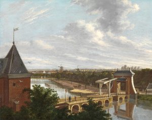 Amsterdam Ydre Kanal nær Leidse Poort Set fra Teatret Amsterdams ydre voldgrav, med Leidse Poort, set fra Byteatret