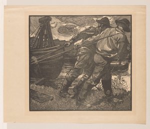 Arbejdere med reb på kysten af Johannes Josephus Aarts