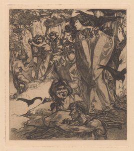 Skovklædt landskab med mennesker, krager og satyr af Johannes Josephus Aarts