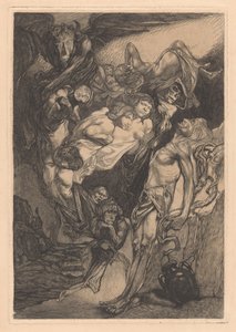Halvnøgen mand med monstre og fantasivæsner af Johannes Josephus Aarts