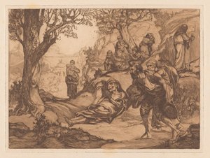 Mænd, kvinder og børn i et bakket landskab af Johannes Josephus Aarts