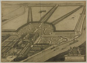 Hampton Court, plade seks fra Britannia Illustrata af Johannes Kip