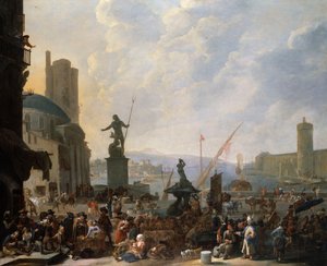 En Capriccio af en Middelhavshavn med Berninis Triton-fontæne og en Capriccio af Louvre-paladset, af Johannes Lingelbach