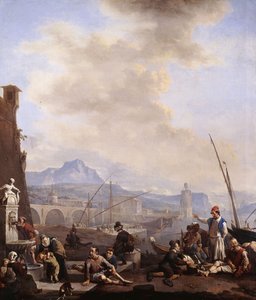 En middelhavshavn med en mand, der drikker ved et springvand, galejslaver, købmænd og havnearbejdere