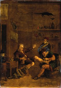 En kirurg, der behandler en mands fod. Mezzotint efter et motiv, der tilskrives Johannes Lingelbach. af Johannes Lingelbach